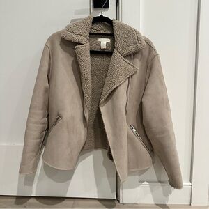 H&M Taupe Faux Suede Sherpa Moto Jacket